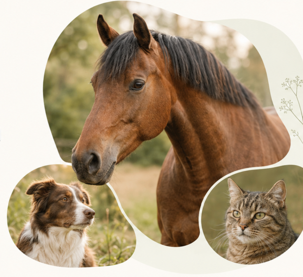 Ein braunes Pferd, ein braun-weißer Hund und eine getigerte Katze